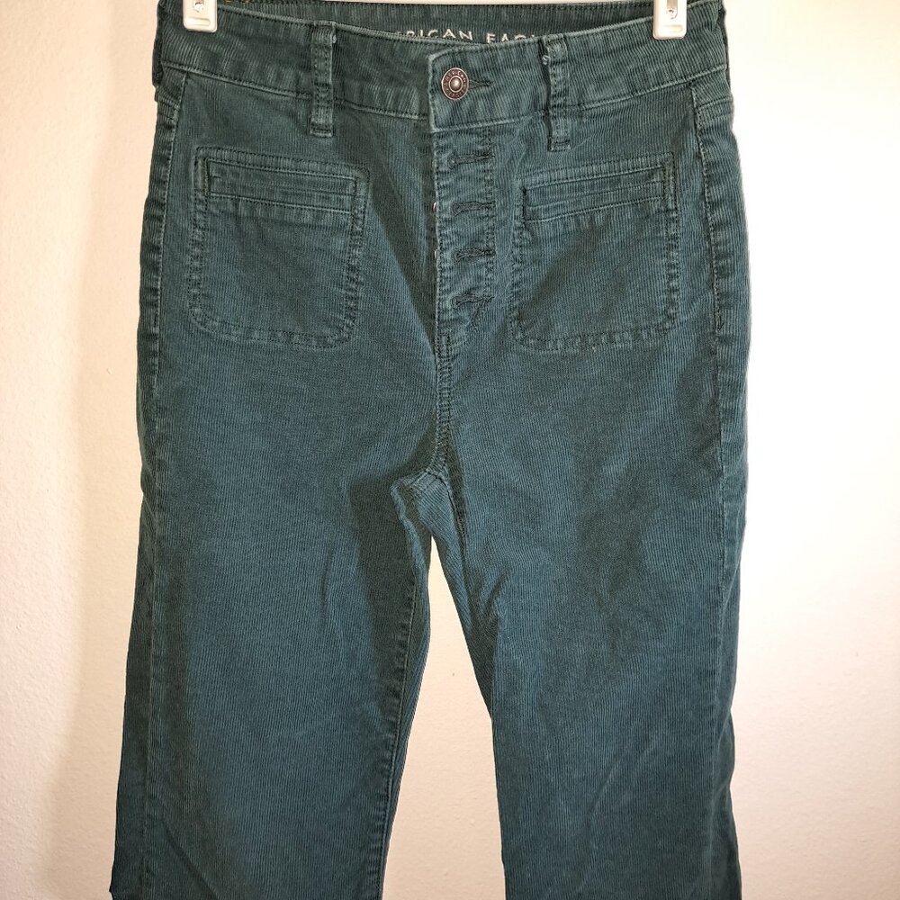 American Eagle Super Hi-Rise green corduroy pants with flare leg and button fly - Picture 4 of 11